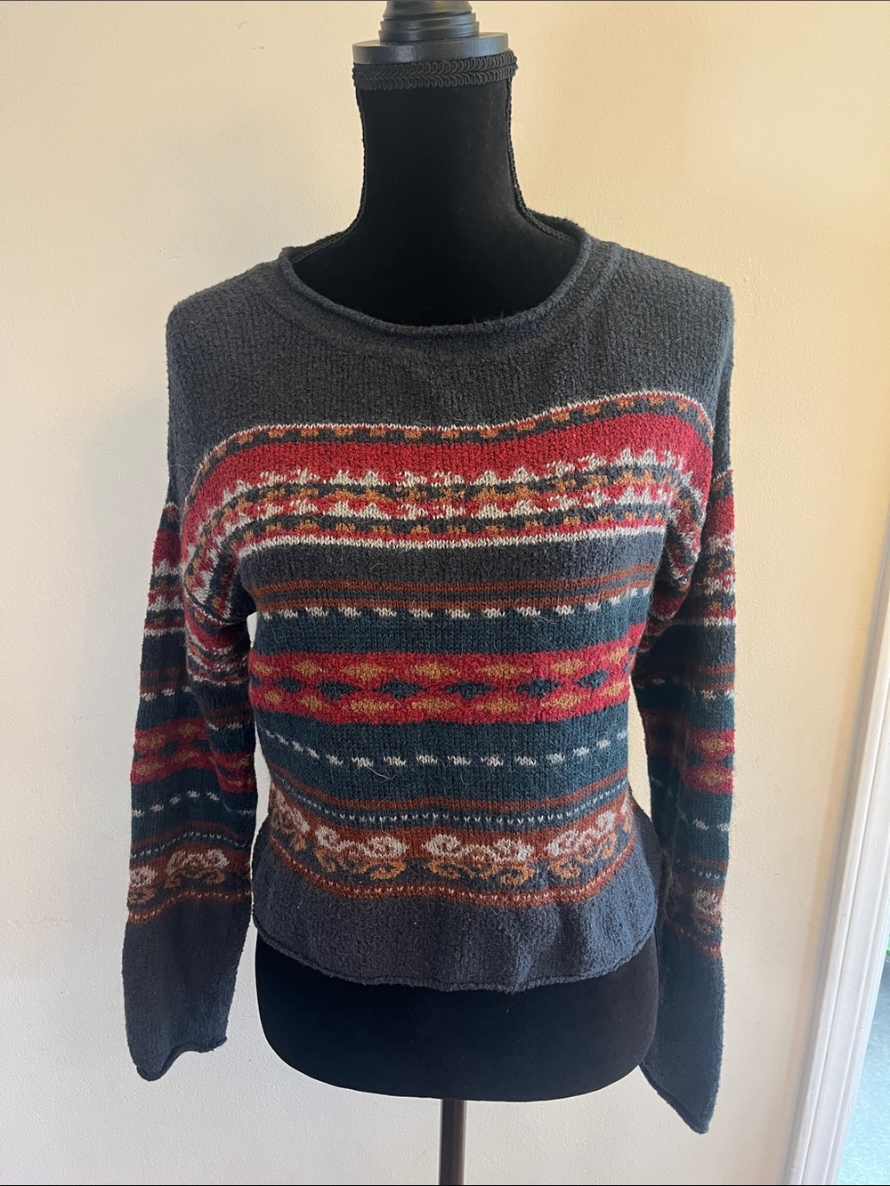 Peruvian Connection Charcoal Crewneck Sweater with Red, Rust & Cream Fair Isle